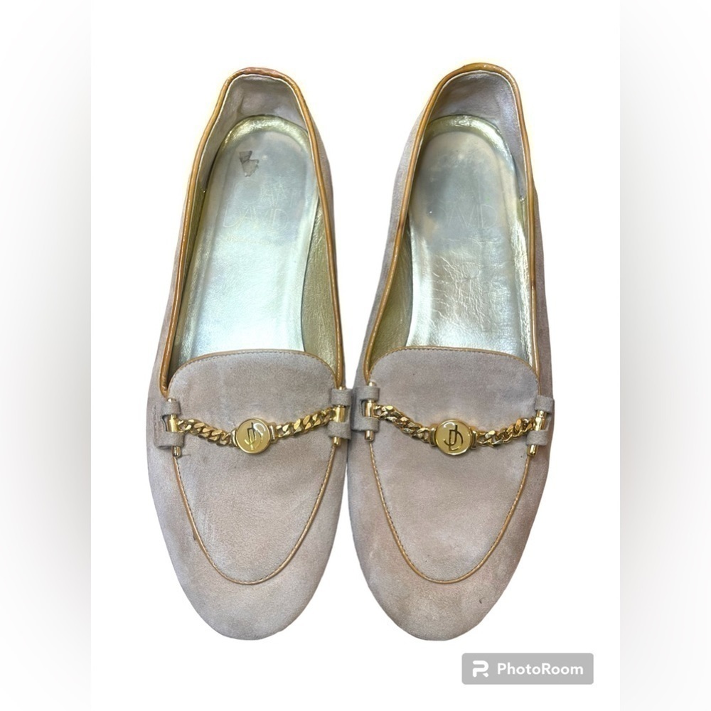 Joan and David Vintage Cream Velvet Loafer Flats With Gold Bar Detail Women 8.5